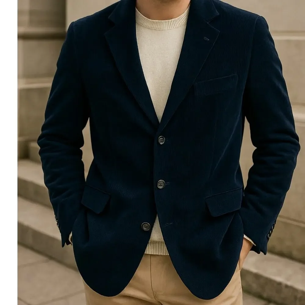 Vtg Y2K Concrete Corduroy Mens Blazer 42 Preppy Ivy Navy 3 Button Old Money